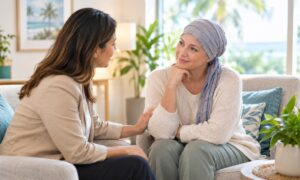 Supportive cancer counseling conversation in a calm, welcoming office